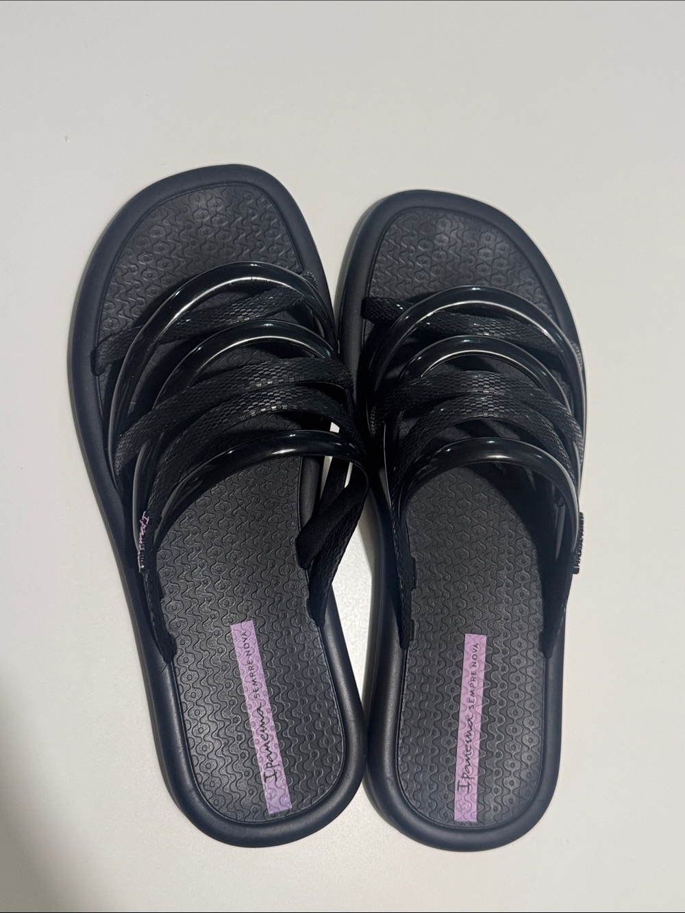 Ipanema Black Multi-Strap Slide Sandals with Lavender Accent